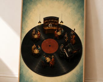 Jazz Cafe Vinyl Record Art, Miniature Music Bar Poster, Retro Record Player Wall Print