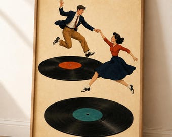 Lindy Hop Dancing Couple Wall Art, Vinyl Record Music Poster, Retro Swing Dance Print