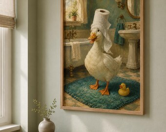 Funny Duck Bathroom Wall Art, Toilet Paper Animal Poster, Quirky Bathroom Print, Humorous Duck Painting, Powder Room Decor