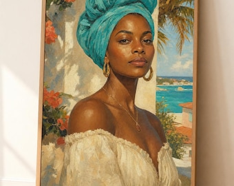 Karibische Frau Wandkunst, Tropisches Portrait, Frau Kopftuch Poster, Insel Kunstwerk