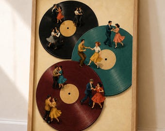 Dancing Couples Vinyl Record Art, Colorful Retro Music Poster, Miniature People Wall Print, Dancing Couple Art, Music Lover Gift