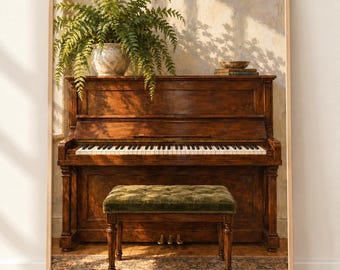Piano Wall Art, Walnut Keyboard and Fern Print, Sunlit Music Room Painting, Music Lover Gift, Living Room Decor, Gallery Wall Art