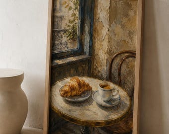 Paris Cafe Wall Art, Croissant and Espresso Print, French Kitchen Decor