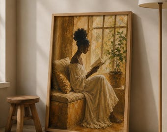 Black Woman Reading Art, Window Seat Portrait, Afrocentric Wall Print