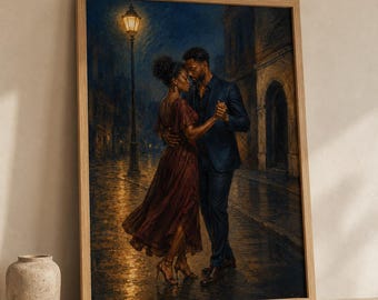 Black Couple Dancing Art, Streetlight Romance Print, Elegant Love Portrait, Couple Wall Art, Afrocentric Art, African American Art