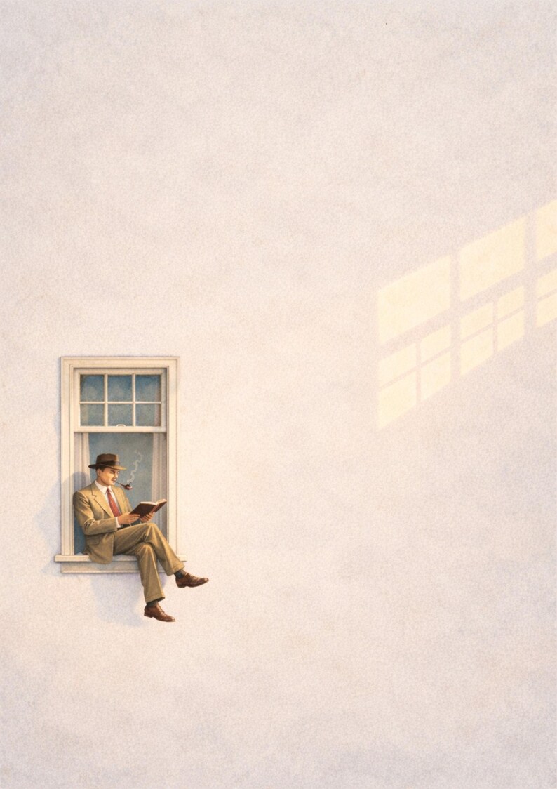 Man Reading Wall Art Window Illustration Print Minimalist Gentleman man-reading-wall-art-window-illustration-print-minimalist-gentleman