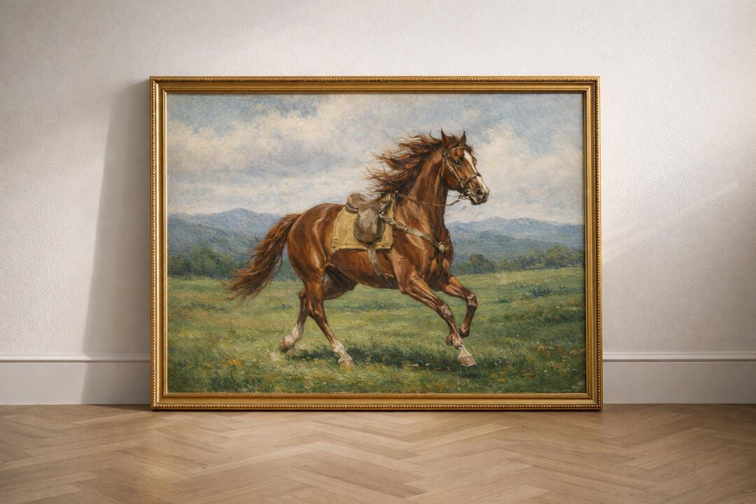 Vintage Horse Wall Art Running Equestrian Painting Classic Farmhouse ...