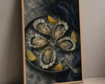 Oyster Wall Art, Lemon Seafood Still Life, Coastal Kitchen Print