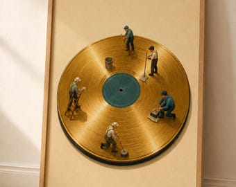 Gold Vinyl Record Art, Miniature Cleaning Crew Poster, Quirky Music Lover Wall Print, Vinyl Wall Art, Record Player Art, Music Room Decor