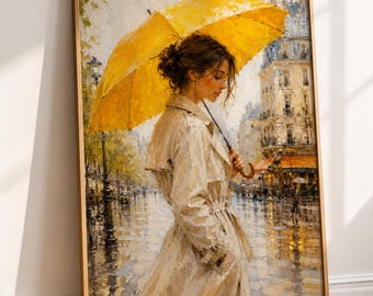 Gelbe Regenschirm Frau Wandkunst, Regnerische Stadt Straßenplakat, Mode Porträt Kunstdruck
