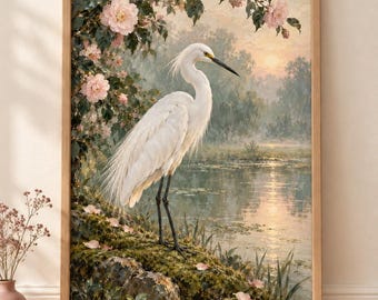 White Egret Wall Art, Pink Camellia Pond Print, Painterly Coastal Bird Poster