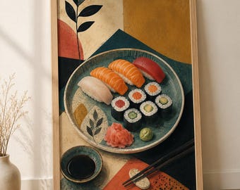 Sushi Wall Art, Mid Century Japanese Food Print, Retro Kitchen Poster