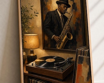 Jazz Vinyl Wandkunst, Plattenspieler Poster, Saxophon Musik Druck, Vintage Hören Raumdekor
