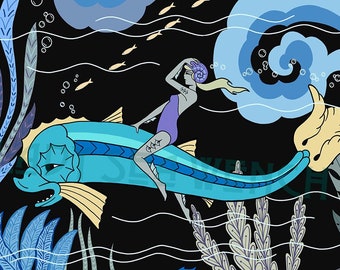 Sunset Catalina art print, art deco, mermaid art, sea monster art, mermaid decor