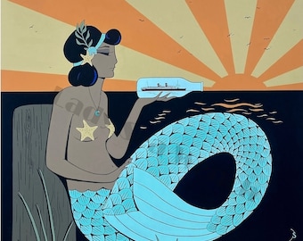 Mora and her Morro Castle mermaid ship in bottle art print