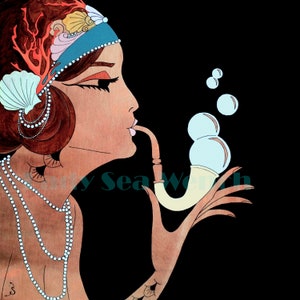 May include: A woman with a blue and white head scarf and a pearl necklace blows bubbles from a white pipe. She has red coral and a seashell in her hair. The background is black.