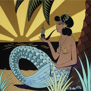 May include: A mermaid with blue and green scales sits with a pipe in her hand. She is wearing a seashell necklace and a starfish bra. The background is a sunset with palm trees.