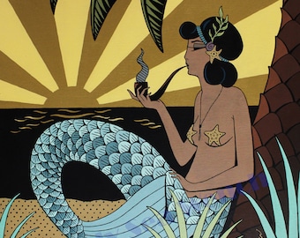 Seaweed Sunset pipe smoking mermaid art print