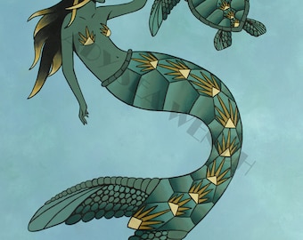 La Tortuguita art print/sea turtle art/sea turtle mermaid/