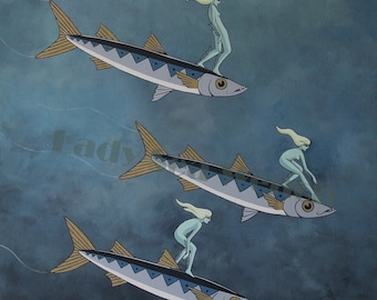 Barracuda surfing art print, nautical art, mermaid art, surfer girl art