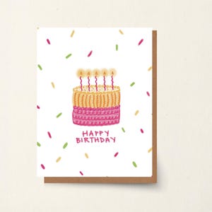 May include: A birthday card with a hand-drawn illustration of a two-tiered cake with lit candles. The cake is pink and yellow, with the words "HAPPY BIRTHDAY" below it. The white background is decorated with colourful confetti.