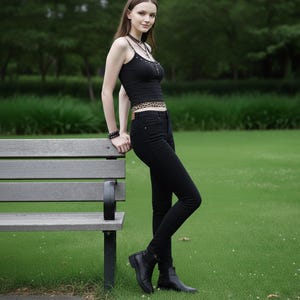 Peut inclure: Un débardeur noir à bretelles cloutées et pendentif en forme de croix est associé à un jean noir et des bottines. Une ceinture à imprimé léopard ajoute une touche de motif. La tenue est complétée par un ras du cou et un bracelet.