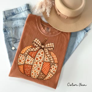 Comfort Colors Faux Patchwork Pumpkin Shirt, Fall Pumpkin Tee, Cottagecore Autumn Top, Thanksgiving Gift, Harvest Season Shirt, Fall Gift