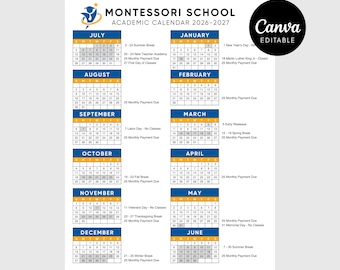 Montessori School Calendar 2026-2027 | Canva Template | Digital Download | Editable School Calendar Template | Year at a Glance Schedule