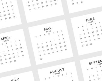 May include: A collection of minimalist 2026 calendars, each displaying a month with days and dates. The calendars are printed in black ink on white paper. The months include April, May, June, July, August, and September.