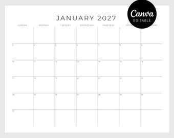 2027 Editable 12 Month Simple Plain White Calendar | Printable Wall Calendar For Kids & Adults | Blank Calendar Template | Canva editable