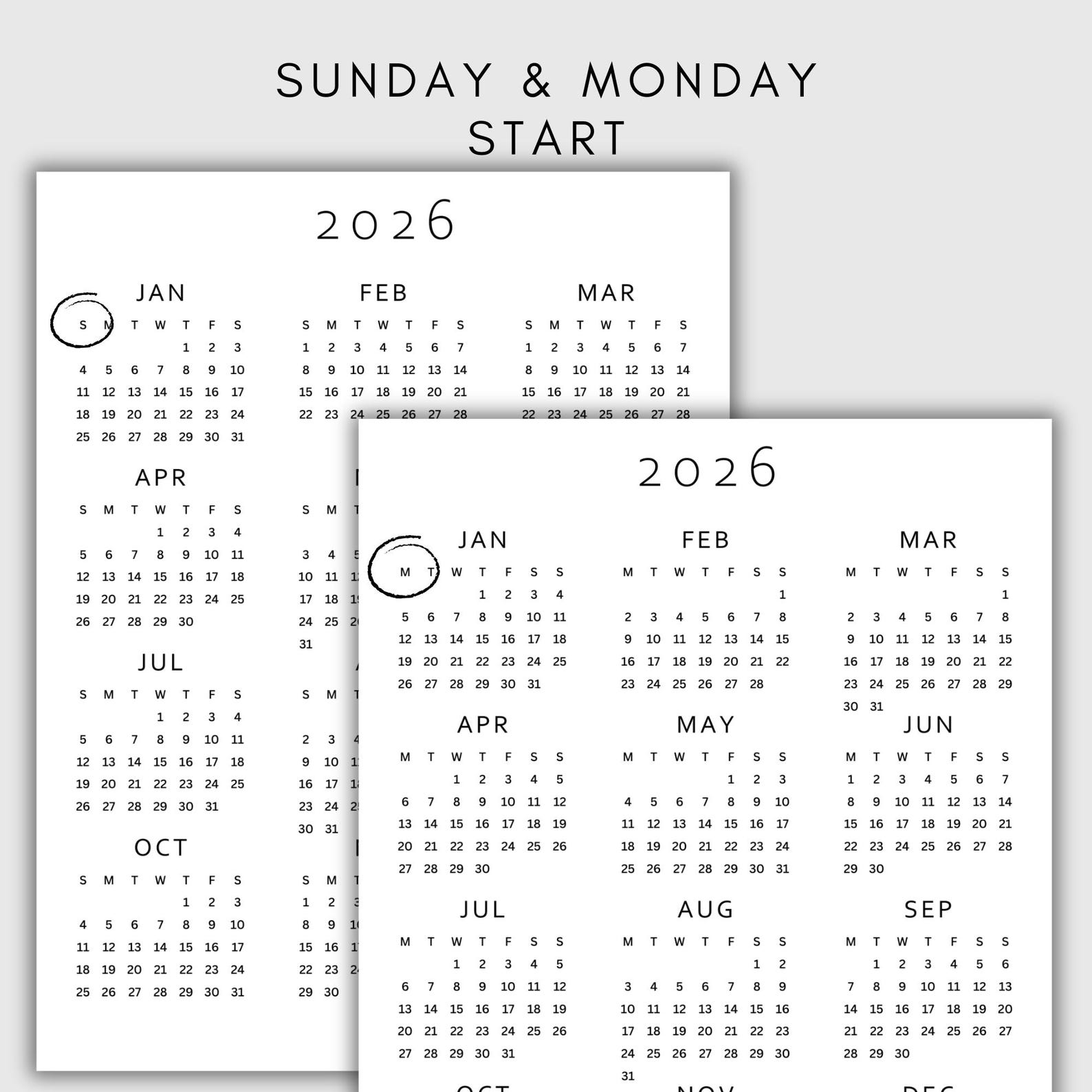 2026 Year at a Glance Calendar Printable | Full Year One Page | A4, A3 ...
