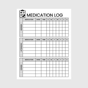 Peut inclure: Une feuille de suivi de médicaments en noir et blanc avec une icône de presse-papiers et une pilule. La grille est divisée en trois sections intitulées Matin, Après-midi et Soir, avec des colonnes pour le médicament, la dose, l'heure et les jours.