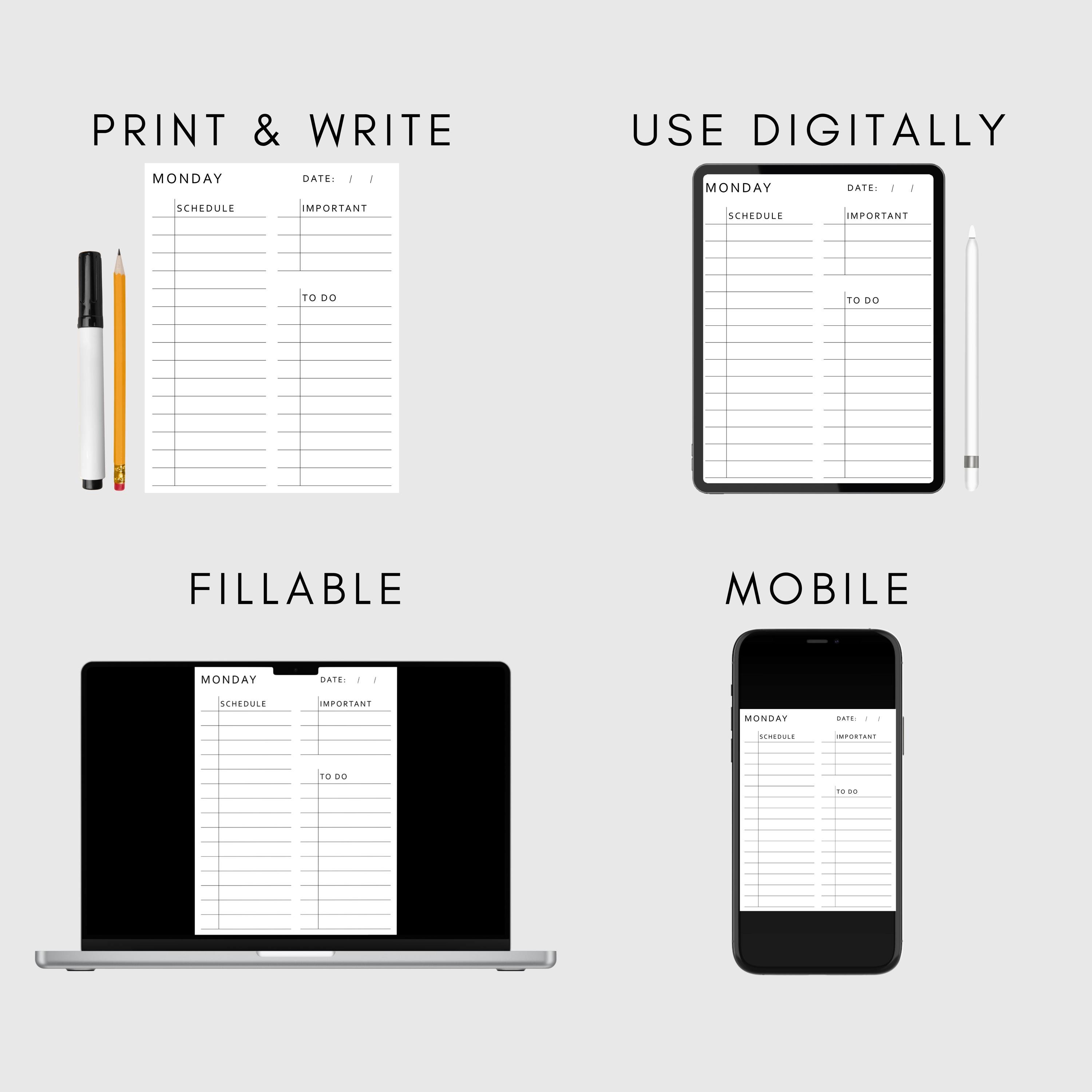 Minimalist Daily Planner Printable Fillable PDF | To-do List | Work ...