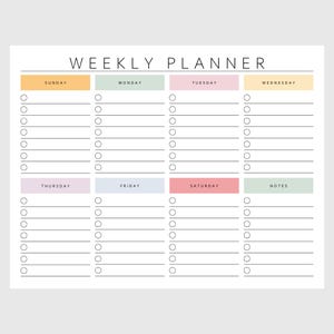 May include: A white weekly planner with pastel-colored headers for each day of the week. The planner includes sections for Sunday through Saturday, plus a notes section. Each day has a series of blank lines with circles for check marks.