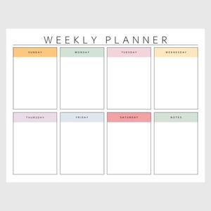 May include: A white weekly planner with a minimalist design. The planner is divided into seven sections, one for each day of the week, with pastel-colored headers. The text "WEEKLY PLANNER" is at the top.