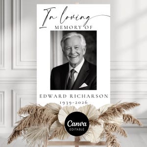 以下が含まれることがあります： 「In loving memory of」の文字と、笑顔の男性の白黒ポートレートが描かれた記念のサイン。名前「Edward Richarson」と生没年が下に記載されています。ドライフラワーで装飾されています。