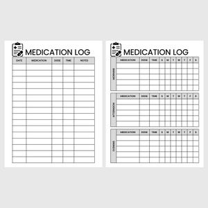 Op de afbeelding: Twee zwart-wit medicatielogboek-sjablonen. Het linkerblad bevat kolommen voor datum, medicatie, dosering, tijd en notities. Het rechterblad is verdeeld in ochtend, middag en avond met kolommen voor medicatie, dosering, tijd en de dagen van de week.