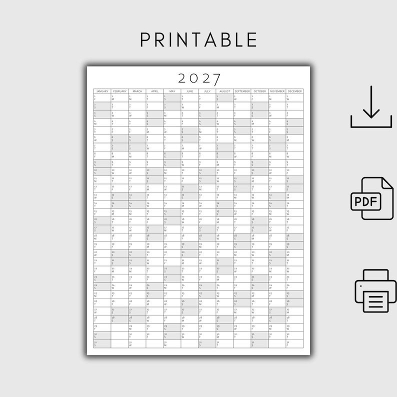 2027 Yearly Planner Printable, Yearly Planning Calendar, Calendar
