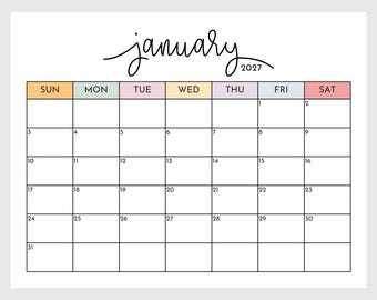 Calendrier 2027 imprimable, planificateur mensuel paysage, calendrier mensuel minimal 2027 imprimable, dimanche départ lettre calendrier mural à télécharger