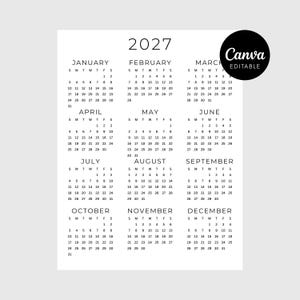 以下が含まれることがあります： 2027年の白黒カレンダー。月ごとのレイアウトで、各月に曜日と日付が表示されています。右上にはCanva Editableのロゴがあります。