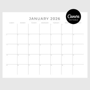 Puede incluir: Un calendario blanco minimalista para enero de 2026, con un diseño de cuadrícula y los días de la semana en la parte superior. El texto "JANUARY 2026" está centrado. Un círculo negro con "Canva EDITABLE" está en la esquina superior derecha.