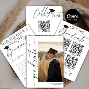 Può includere: Una collezione di biglietti di laurea con una scrittura elegante e una foto di un laureato in toga e cappello. Le carte includono frasi come "College Fund" e "Gift the Graduate", insieme a codici QR.