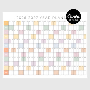 May include: A 2026-2027 year planner wall calendar featuring a grid layout with months listed vertically in colored blocks. The grid includes days of the month and days of the week. A black circular badge in the top right corner reads Canva Editable.