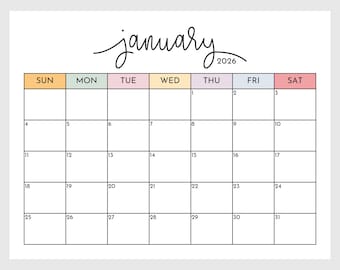 Druckbarer Kalender 2026, Monatsplaner Landschaft, Minimaler Monatskalender 2026 druckbar, Sonntag Start Brief Wandkalender Download