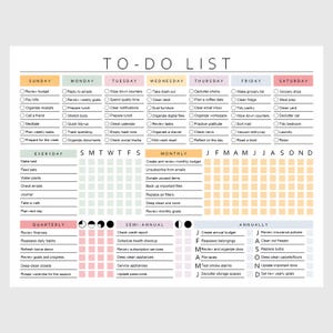 May include: A white To-Do List planner with a colorful header and sections for each day of the week, everyday tasks, monthly, quarterly, semi-annual, and annual goals. The planner includes checkboxes for task completion.