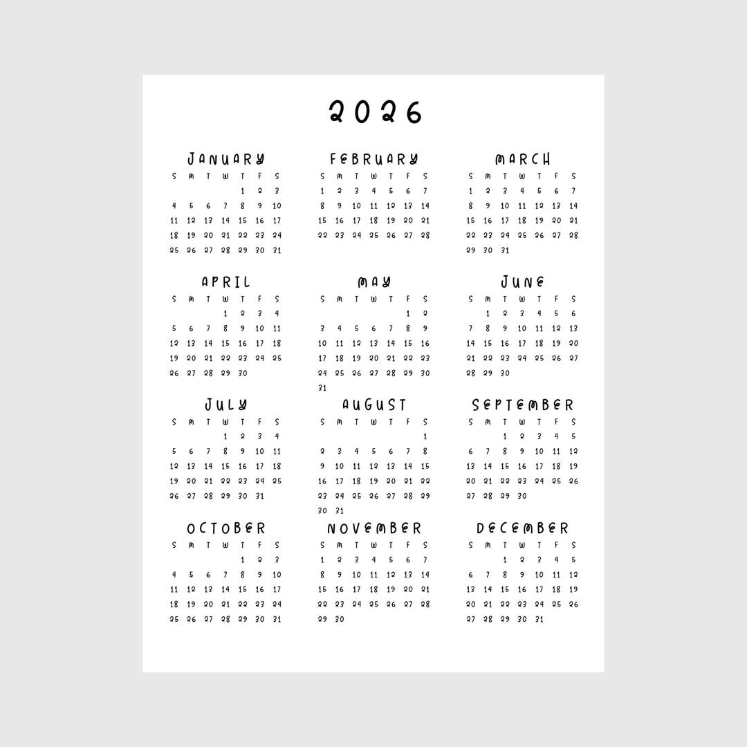 2026 Year at a Glance Calendar Printable | Full Year One Page | A4, A3 ...