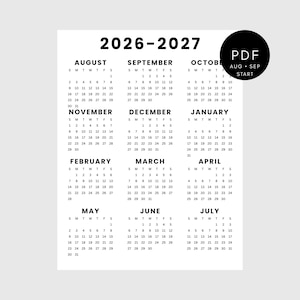 May include: A black and white digital calendar for 2026-2027, starting in August. The layout features twelve months arranged in a grid, with each month displaying days of the week and numerical dates. A black circular badge displays PDF AUG SEP START.