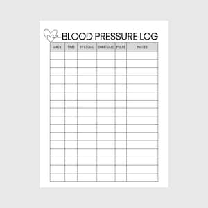 以下が含まれることがあります： 白い血圧記録シート。上部にハートのグラフィックと「BLOOD PRESSURE LOG」の文字。記録には、日付、時間、収縮期、拡張期、脈拍、メモの列が含まれています。血圧測定値を追跡するように設計されています。