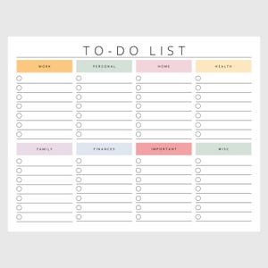 May include: A white to-do list planner with sections for work, personal, home, health, family, finances, important, and misc. Each section has a colored header and blank lines for writing tasks. The text "TO-DO LIST" is at the top.
