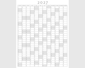 Planificador anual 2027 imprimible, calendario de planificación anual, póster de calendario, calendario digital, calendario 2027, planificador 2027, resumen anual